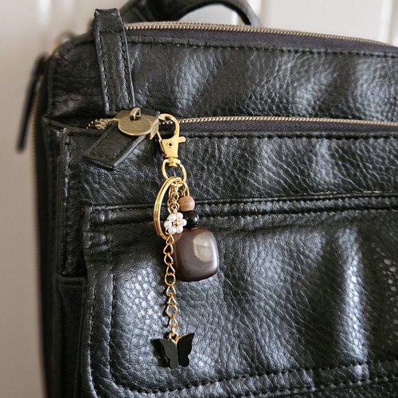 Brown Stone Beaded Keychain with Pearl Flower and Black Butterfly Charms - Picture 7 of 7